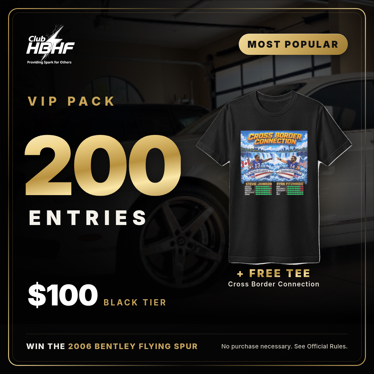 VIP Pack: 200 entries for $100 plus a free tee, to win the 2006 Bentley Flying Spur